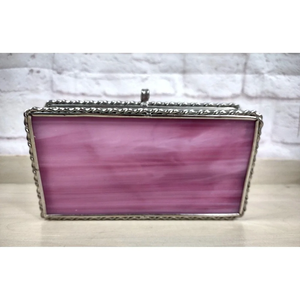 Vtg Stained Pink Slag Glass Jewelry Storage Box Red Roses 3D Lid